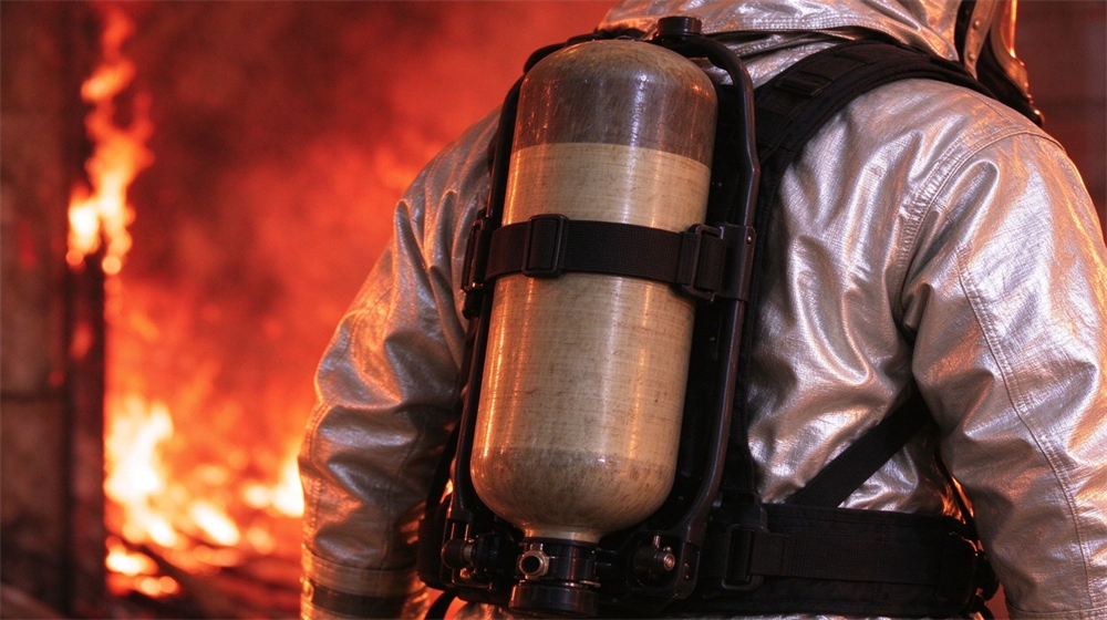 Macro detail of heavy duty protective firefighter proximity suit, Firefighter proximity suit SCBA back pack cylinder detail, breathing apparatus mounting for, demonstrating professional product use in industrial safety environment, designed for wholesale bulk supply and industrial safety procurement. Macro detail of heavy duty protective firefighter proximity suit, Firefighter proximity suit SCBA back pack cylinder detail, breathing apparatus mounting for, demonstrating professional product use in industrial safety environment, designed for wholesale bulk supply and industrial safety procurement.