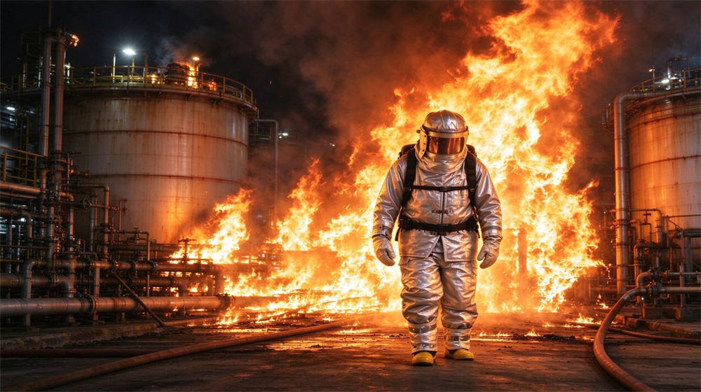 Front view of heavy duty protective firefighter proximity suit, Chemical plant tank fire rescue with proximity suit, firefighter in aluminized heat, demonstrating professional application use in industrial safety environment, designed for wholesale bulk supply and industrial safety procurement. Front view of heavy duty protective firefighter proximity suit, Chemical plant tank fire rescue with proximity suit, firefighter in aluminized heat, demonstrating professional application use in industrial safety environment, designed for wholesale bulk supply and industrial safety procurement.