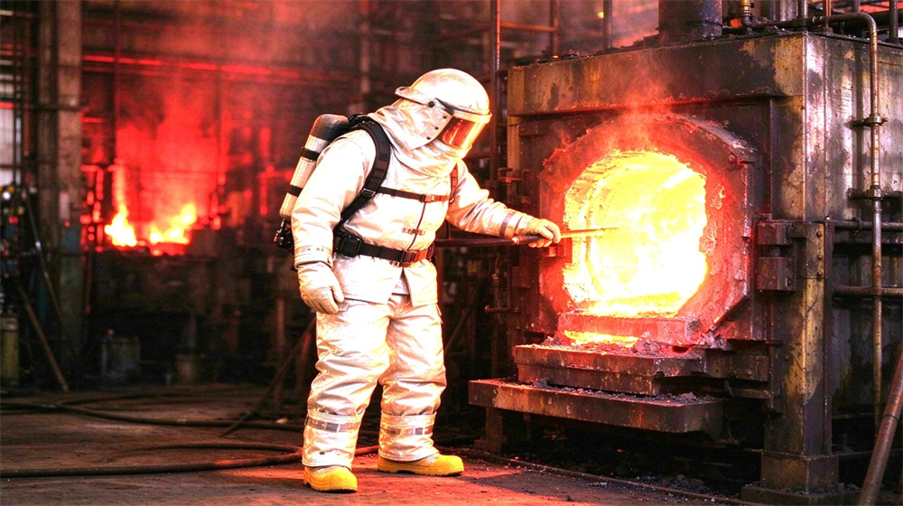 Side angle of heavy duty protective firefighter proximity suit, Industrial furnace hot work inspection wearing proximity suit, aluminized heat protection clothing, demonstrating professional application use in industrial safety environment, designed for wholesale bulk supply and industrial safety procurement. Side angle of heavy duty protective firefighter proximity suit, Industrial furnace hot work inspection wearing proximity suit, aluminized heat protection clothing, demonstrating professional application use in industrial safety environment, designed for wholesale bulk supply and industrial safety procurement.