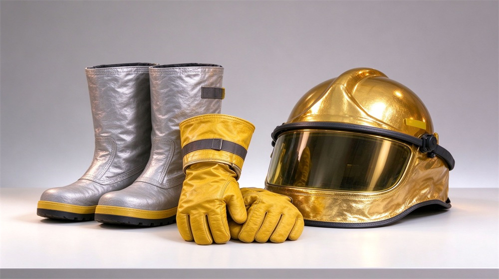 Close up detail of heavy duty protective firefighter proximity suit, Firefighter proximity gloves, boots and helmet displayed as a three-piece set on, demonstrating professional product use in industrial safety environment, designed for wholesale bulk supply and industrial safety procurement. Close up detail of heavy duty protective firefighter proximity suit, Firefighter proximity gloves, boots and helmet displayed as a three-piece set on, demonstrating professional product use in industrial safety environment, designed for wholesale bulk supply and industrial safety procurement.