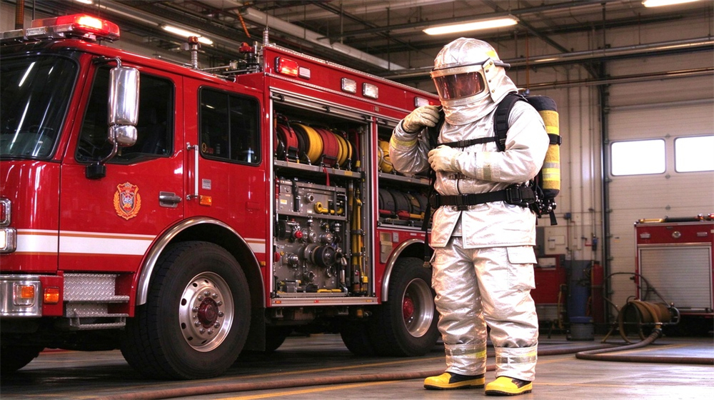 Overhead view of heavy duty protective firefighter proximity suit, Firefighter gearing up beside fire truck at station, aluminized proximity suit with, demonstrating professional application use in industrial safety environment, designed for wholesale bulk supply and industrial safety procurement. Overhead view of heavy duty protective firefighter proximity suit, Firefighter gearing up beside fire truck at station, aluminized proximity suit with, demonstrating professional application use in industrial safety environment, designed for wholesale bulk supply and industrial safety procurement.