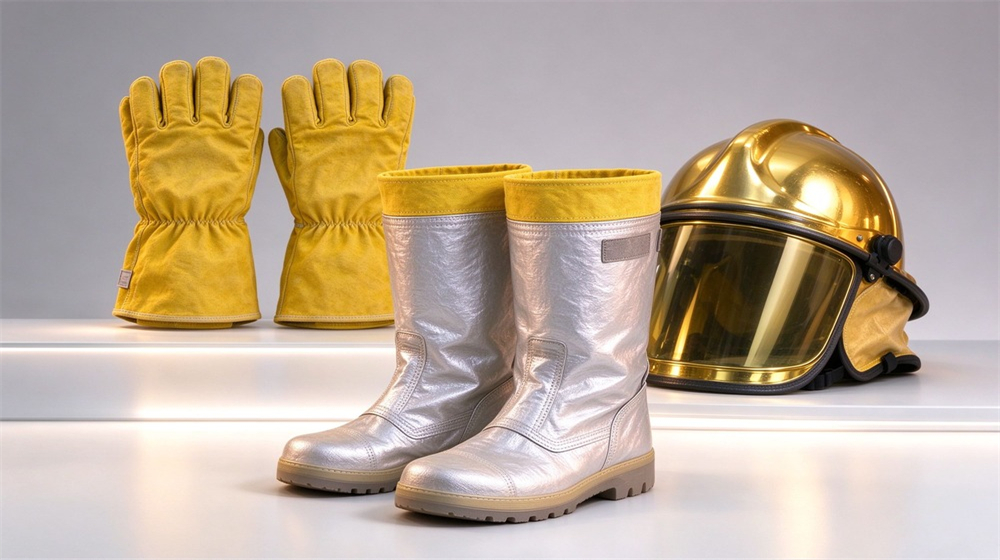 Macro detail of heavy duty protective firefighter proximity suit, Firefighter proximity suit three-piece set with gloves and boots displayed together on, demonstrating professional product use in industrial safety environment, designed for wholesale bulk supply and industrial safety procurement.