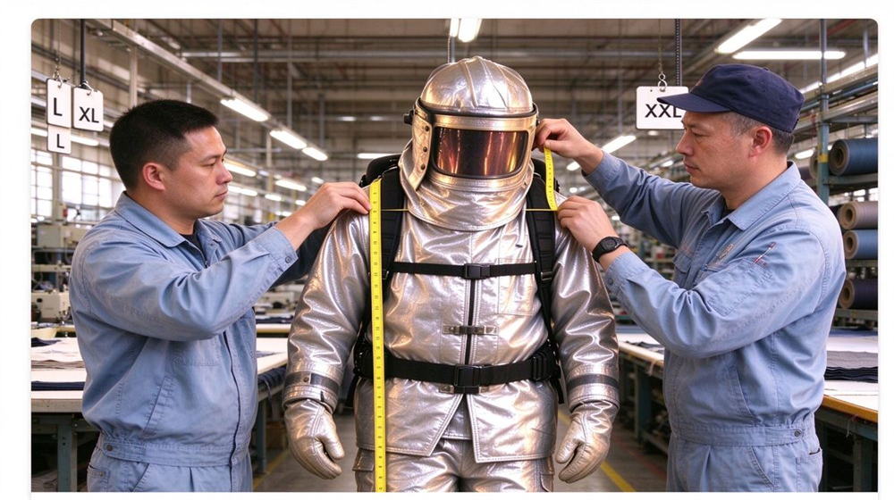 Side angle of heavy duty protective firefighter proximity suit, Size measurement L XL XXL sign, proximity suit sizing guide for firefighter, demonstrating professional info use in industrial safety environment, designed for wholesale bulk supply and industrial safety procurement. Side angle of heavy duty protective firefighter proximity suit, Size measurement L XL XXL sign, proximity suit sizing guide for firefighter, demonstrating professional info use in industrial safety environment, designed for wholesale bulk supply and industrial safety procurement.