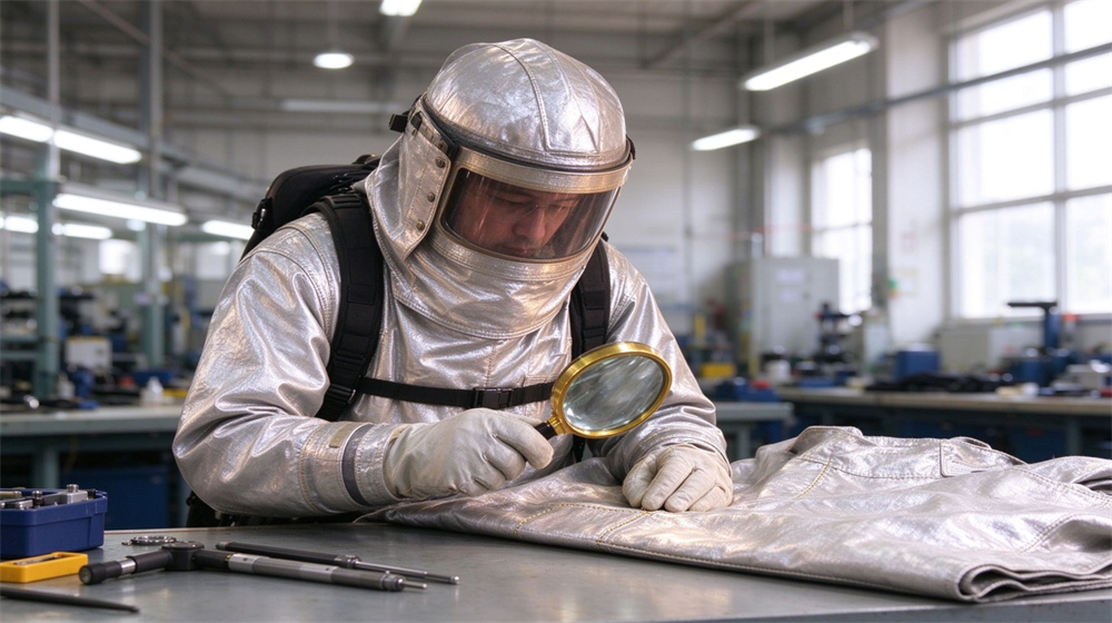 Aerial perspective of heavy duty protective firefighter proximity suit, Quality inspector checking seams with magnifier, proximity suit fire resistant stitching inspection, demonstrating professional application use in industrial safety environment, designed for wholesale bulk supply and industrial safety procurement. Aerial perspective of heavy duty protective firefighter proximity suit, Quality inspector checking seams with magnifier, proximity suit fire resistant stitching inspection, demonstrating professional application use in industrial safety environment, designed for wholesale bulk supply and industrial safety procurement.