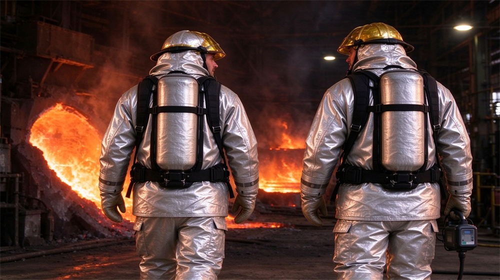 45 degree angle of heavy duty protective firefighter proximity suit, Two foreign firefighters in proximity suits working back to back near a, demonstrating professional application use in industrial safety environment, designed for wholesale bulk supply and industrial safety procurement. 45 degree angle of heavy duty protective firefighter proximity suit, Two foreign firefighters in proximity suits working back to back near a, demonstrating professional application use in industrial safety environment, designed for wholesale bulk supply and industrial safety procurement.