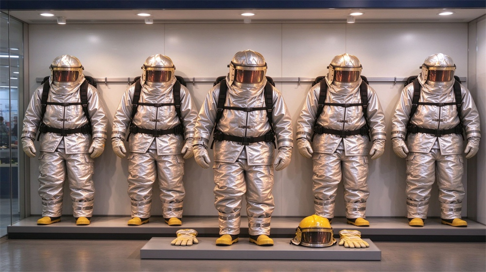 Aerial perspective of heavy duty protective firefighter proximity suit, Showroom display of proximity suits, aluminized heat protection clothing samples on rack, demonstrating professional application use in industrial safety environment, designed for wholesale bulk supply and industrial safety procurement.
