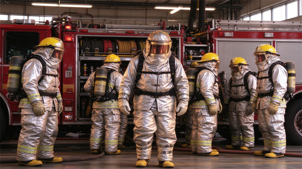 Overhead view of heavy duty protective firefighter proximity suit, Fire brigade departure on fire truck, firefighters in aluminized proximity suits responding, demonstrating professional application use in industrial safety environment, designed for wholesale bulk supply and industrial safety procurement. Overhead view of heavy duty protective firefighter proximity suit, Fire brigade departure on fire truck, firefighters in aluminized proximity suits responding, demonstrating professional application use in industrial safety environment, designed for wholesale bulk supply and industrial safety procurement.