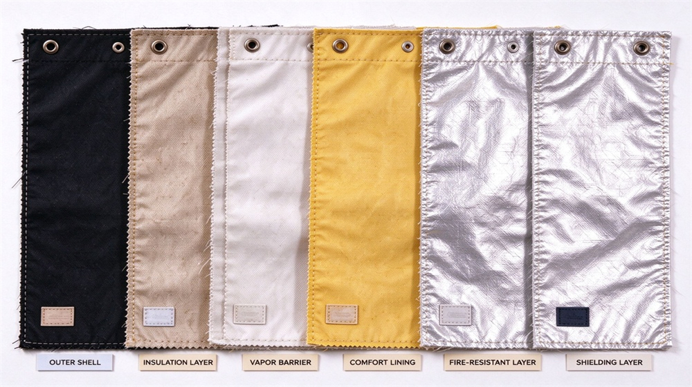 45 degree angle of heavy duty protective firefighter proximity suit, Fabric samples outer shell insulation lining, proximity suit multilayer material comparison display, demonstrating professional comparison use in industrial safety environment, designed for wholesale bulk supply and industrial safety procurement. 45 degree angle of heavy duty protective firefighter proximity suit, Fabric samples outer shell insulation lining, proximity suit multilayer material comparison display, demonstrating professional comparison use in industrial safety environment, designed for wholesale bulk supply and industrial safety procurement.