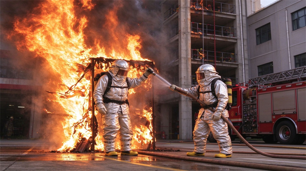 Close up detail of heavy duty protective firefighter proximity suit, Rescue drill two firefighters at training tower, proximity suits in high rise, demonstrating professional application use in industrial safety environment, designed for wholesale bulk supply and industrial safety procurement. Close up detail of heavy duty protective firefighter proximity suit, Rescue drill two firefighters at training tower, proximity suits in high rise, demonstrating professional application use in industrial safety environment, designed for wholesale bulk supply and industrial safety procurement.