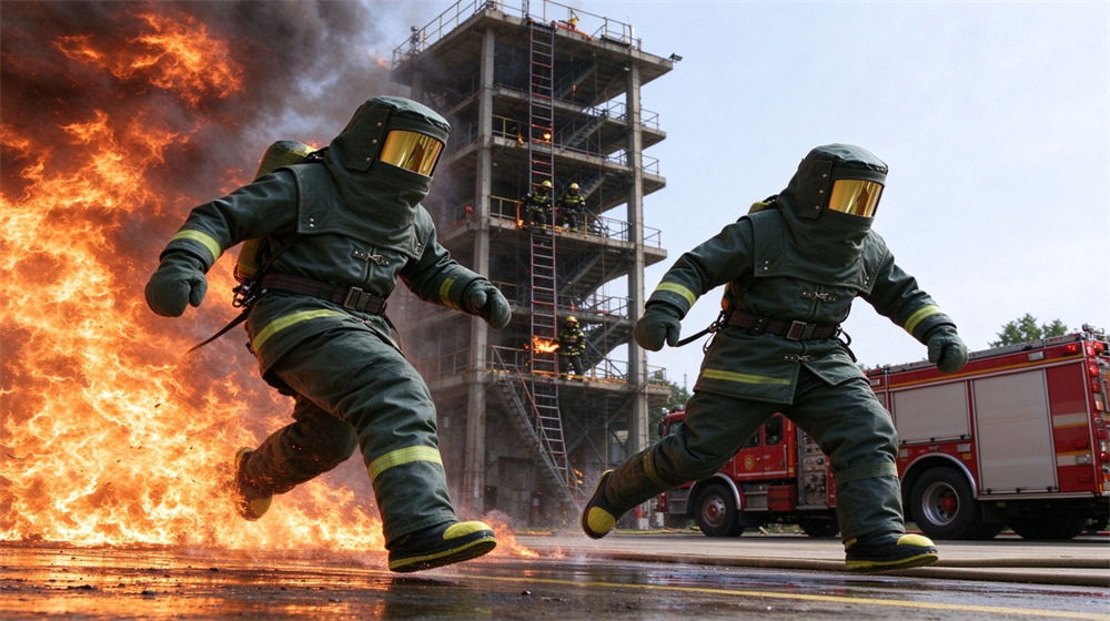 Close up detail of heavy duty protective carbon fiber fire entry suit, Training tower drill with fire truck and carbon fiber fire entry suits,, demonstrating professional application use in industrial safety environment, designed for wholesale bulk supply and industrial safety