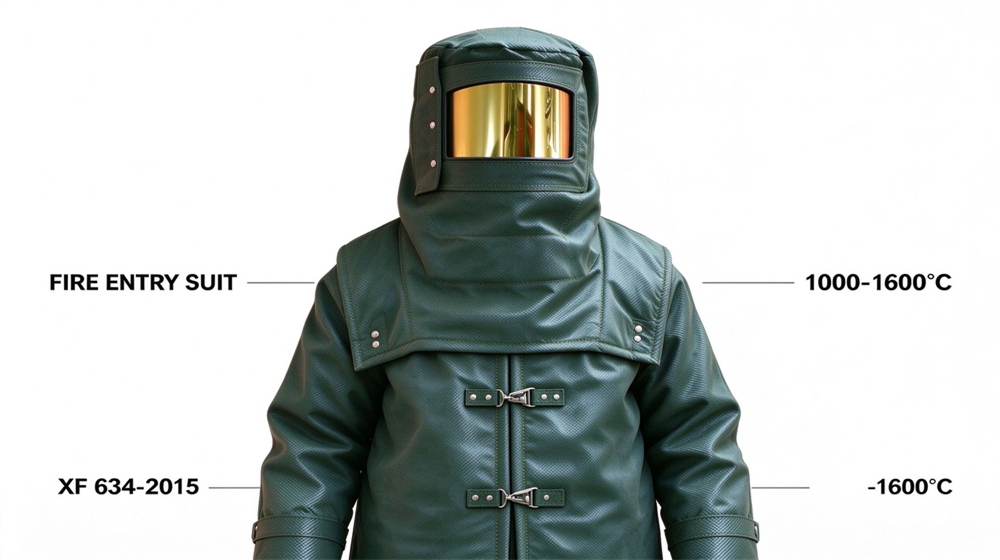 Overhead view of heavy duty protective carbon fiber fire entry suit, XF 634-2015 fire entry suit standard reference diagram, wholesale carbon fiber fire, demonstrating professional info use in industrial safety environment, designed for wholesale bulk supply and industrial safety procurement.