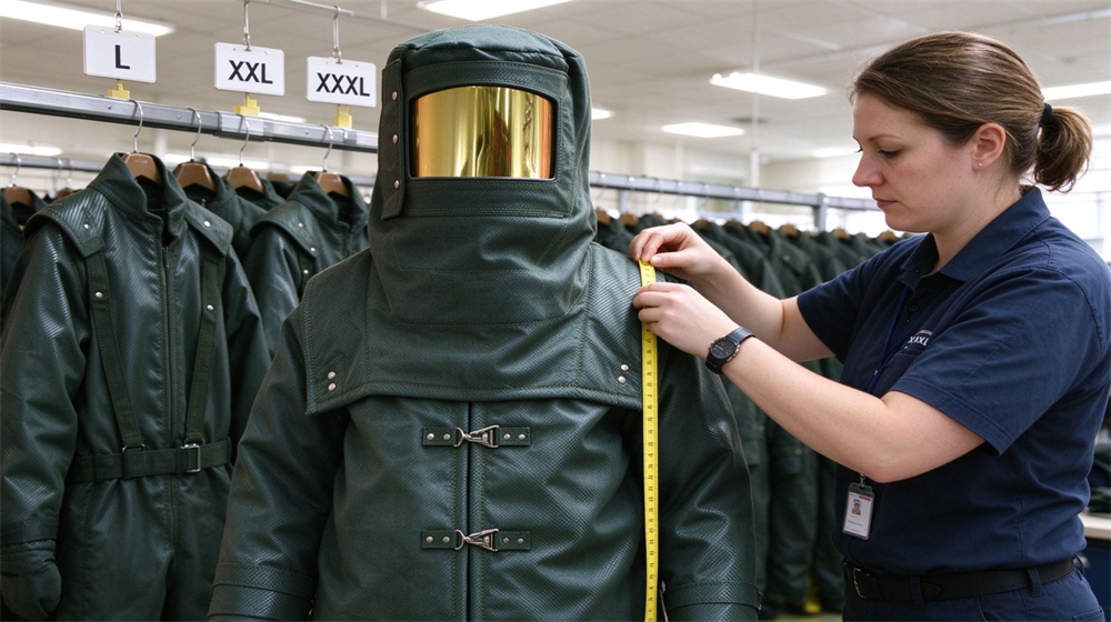 Wide shot of heavy duty protective carbon fiber fire entry suit, Size measurement L XL XXL XXXL sign for carbon fiber fire entry, demonstrating professional info use in industrial safety environment, designed for wholesale bulk supply and industrial safety procurement. Wide shot of heavy duty protective carbon fiber fire entry suit, Size measurement L XL XXL XXXL sign for carbon fiber fire entry, demonstrating professional info use in industrial safety environment, designed for wholesale bulk supply and industrial safety procurement.