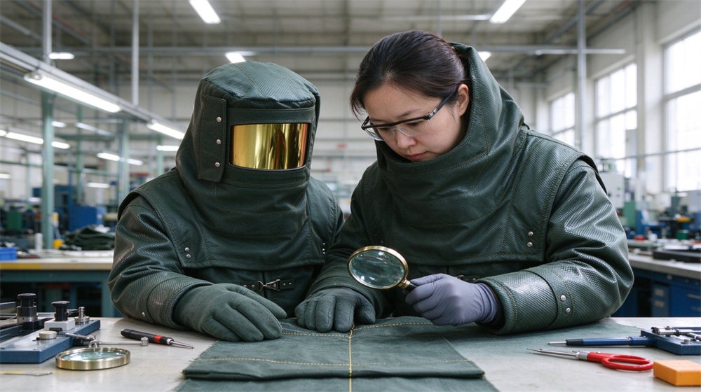 Macro detail of heavy duty protective carbon fiber fire entry suit, Quality inspection with magnifier checking seams on the carbon fiber fire entry, demonstrating professional application use in industrial safety environment, designed for wholesale bulk supply and industrial safety procurement.
