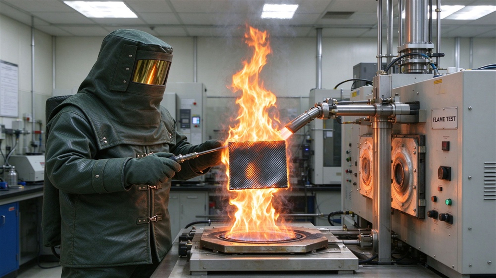 Front view of heavy duty protective carbon fiber fire entry suit, Flame test laboratory high temperature test on carbon fiber fire entry suit, demonstrating professional info use in industrial safety environment, designed for wholesale bulk supply and industrial safety procurement. Front view of heavy duty protective carbon fiber fire entry suit, Flame test laboratory high temperature test on carbon fiber fire entry suit, demonstrating professional info use in industrial safety environment, designed for wholesale bulk supply and industrial safety procurement.