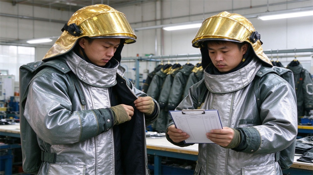 Side angle of heavy duty protective carbon fiber fire entry suit, Two Asian workers inspecting carbon fiber fire entry suits in a bright, demonstrating professional application use in industrial safety environment, designed for wholesale bulk supply and industrial safety procurement. Side angle of heavy duty protective carbon fiber fire entry suit, Two Asian workers inspecting carbon fiber fire entry suits in a bright, demonstrating professional application use in industrial safety environment, designed for wholesale bulk supply and industrial safety procurement.