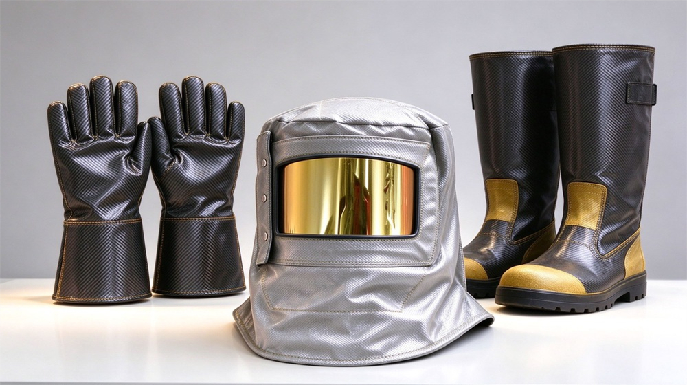 45 degree angle of heavy duty protective carbon fiber fire entry suit, Fire entry hood with gold plated visor, gloves and boots displayed as, demonstrating professional product use in industrial safety environment, designed for wholesale bulk supply and industrial safety 45 degree angle of heavy duty protective carbon fiber fire entry suit, Fire entry hood with gold plated visor, gloves and boots displayed as, demonstrating professional product use in industrial safety environment, designed for wholesale bulk supply and industrial safety