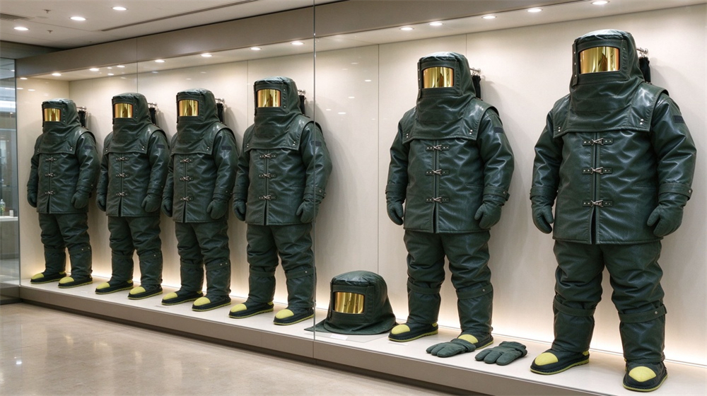 Macro detail of heavy duty protective carbon fiber fire entry suit, Showroom display of carbon fiber fire entry suits in full configuration, wholesale, demonstrating professional application use in industrial safety environment, designed for wholesale bulk supply and industrial safety procurement.