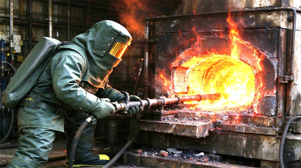 Side angle of heavy duty protective carbon fiber fire entry suit, Industrial kiln hot repair worker in carbon fiber fire entry suit, fire, demonstrating professional application use in industrial safety environment, designed for wholesale bulk supply and industrial safety procurement. Side angle of heavy duty protective carbon fiber fire entry suit, Industrial kiln hot repair worker in carbon fiber fire entry suit, fire, demonstrating professional application use in industrial safety environment, designed for wholesale bulk supply and industrial safety procurement.