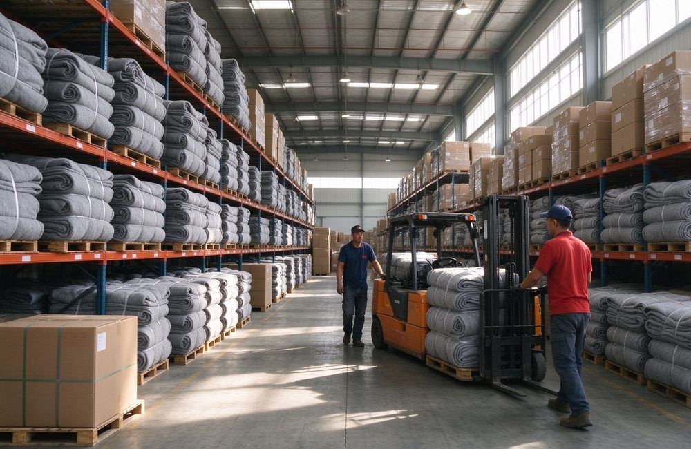 Bright relief warehouse stacked high with grey blanket bales and cartons on tall shelves, Asian workers moving stock, showing bulk relief blankets stock for NGO relief programs
