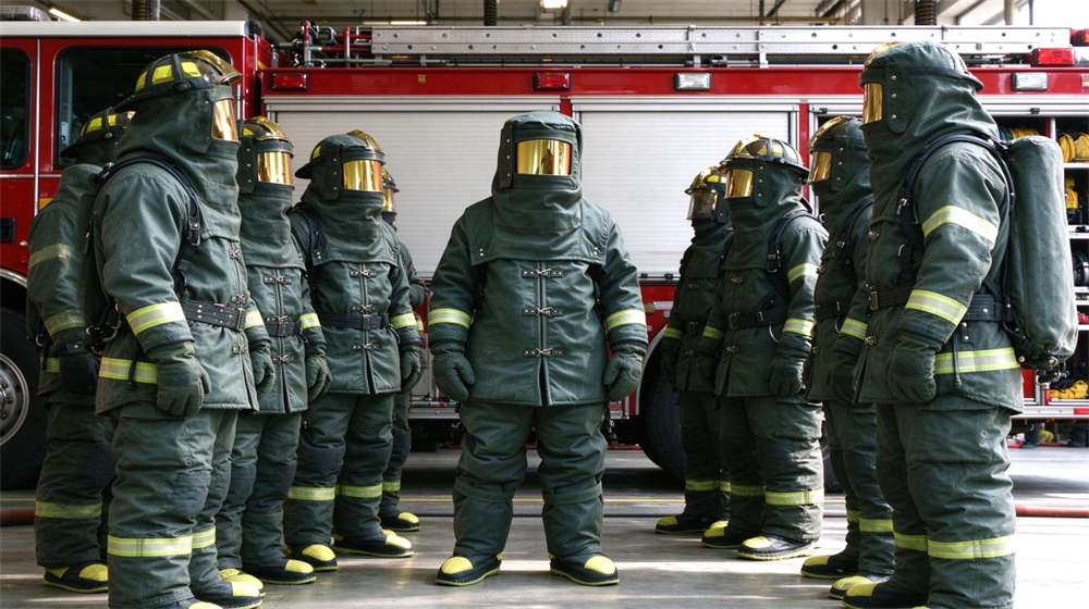 Overhead view of heavy duty protective carbon fiber fire entry suit, Fire brigade departure with fire truck and carbon fiber fire entry suits, demonstrating professional application use in industrial safety environment, designed for wholesale bulk supply and industrial safety procurement. Overhead view of heavy duty protective carbon fiber fire entry suit, Fire brigade departure with fire truck and carbon fiber fire entry suits, demonstrating professional application use in industrial safety environment, designed for wholesale bulk supply and industrial safety procurement.