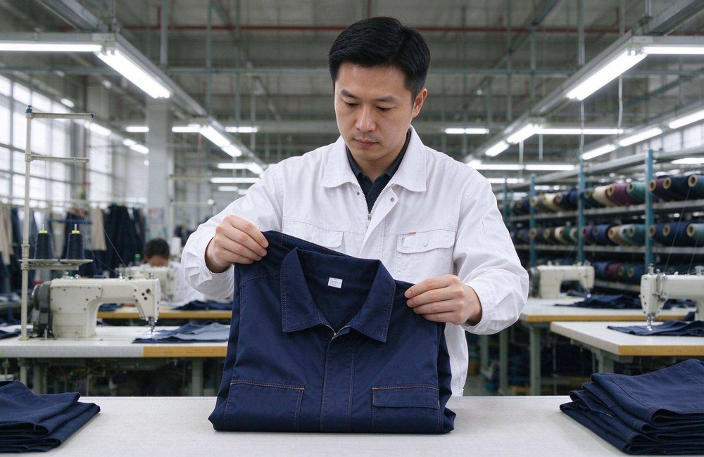 Factory quality team member holding a folded blanket sample beside an open carton, verifying packing specification for a relief blankets wholesale order