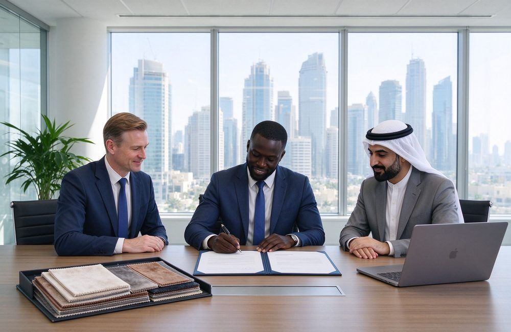 Three international business representatives signing a framework agreement at a bright office table with blanket samples, showing NGO framework agreements for relief procurement