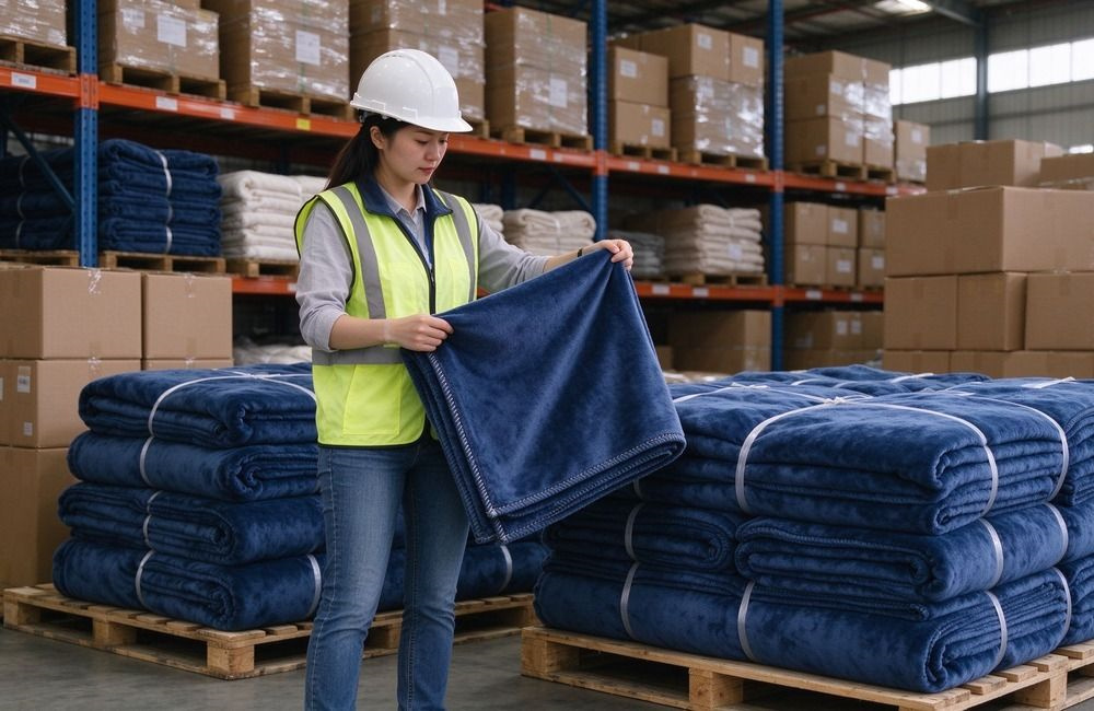 Asian warehouse workers in a bright warehouse inspecting folded blanket cartons against a packing list, showing relief supplier requirements quantity verification