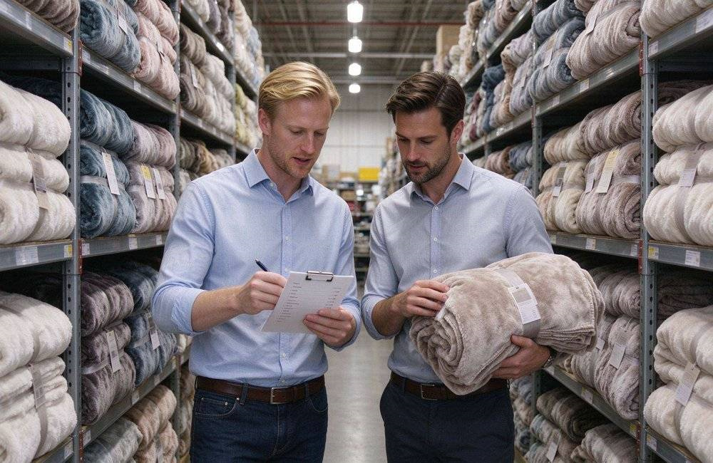 Procurement team members in a bright office reviewing blanket samples and relief supplier quotes, showing how NGOs evaluate humanitarian relief blankets vendors