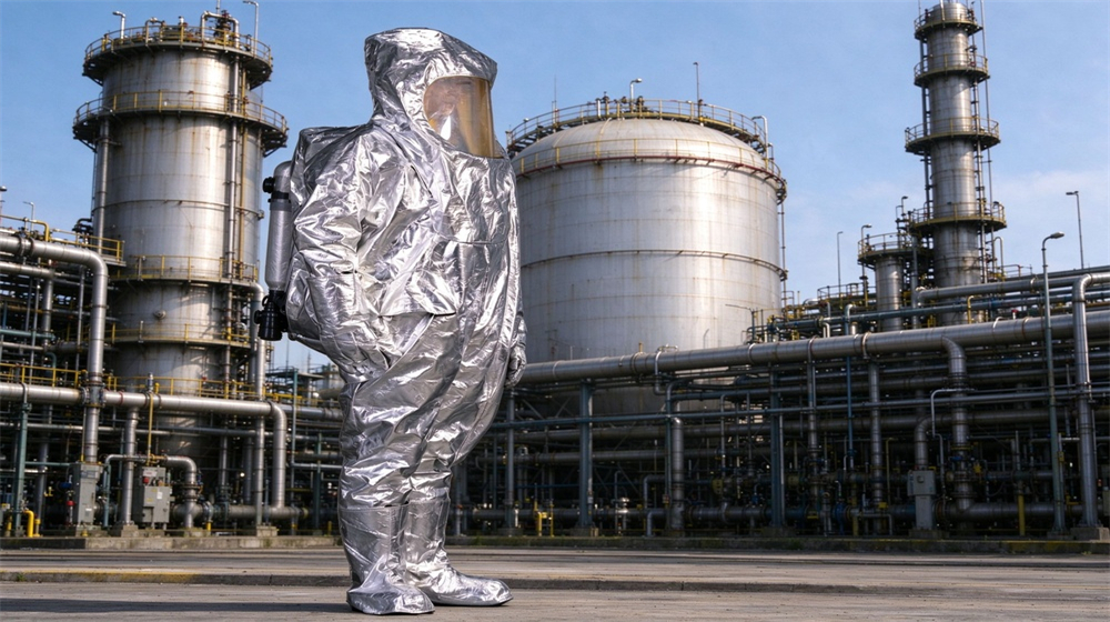 Front view of heavy duty protective thermal chemical composite suit, Chemical protective suit full set white background, fire chemical protective clothing wholesale, demonstrating professional application use in industrial safety environment, designed for wholesale bulk supply and industrial safety procurement.