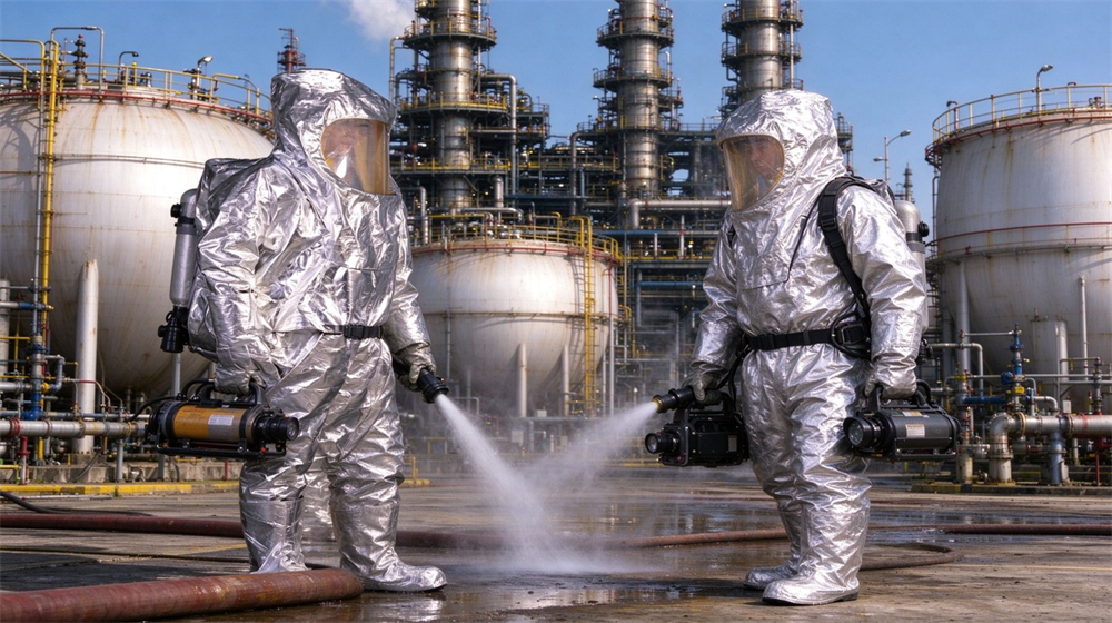 Close up detail of heavy duty protective thermal chemical composite suit, Chemical spill emergency response at plant, bulk chemical ppe application for hazmat, demonstrating professional application use in industrial safety environment, designed for wholesale bulk supply and industrial safety procurement. Close up detail of heavy duty protective thermal chemical composite suit, Chemical spill emergency response at plant, bulk chemical ppe application for hazmat, demonstrating professional application use in industrial safety environment, designed for wholesale bulk supply and industrial safety procurement.
