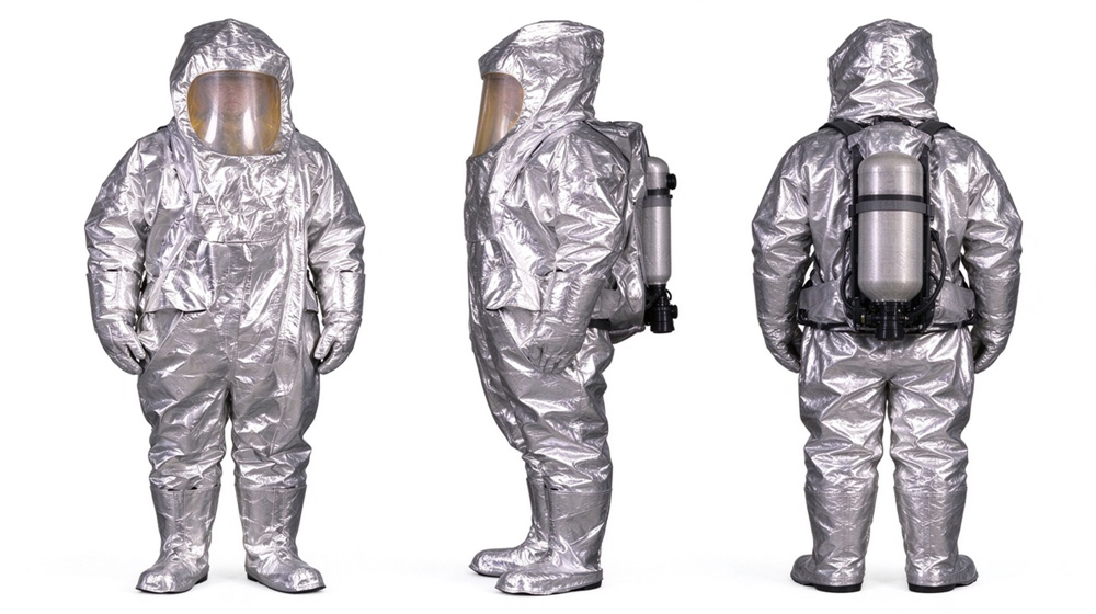 Wide shot of heavy duty protective thermal chemical composite suit, Chemical protective fabric samples comparison, fire chemical suit fabric quality check for, demonstrating professional product use in industrial safety environment, designed for wholesale bulk supply and industrial safety procurement. Wide shot of heavy duty protective thermal chemical composite suit, Chemical protective fabric samples comparison, fire chemical suit fabric quality check for, demonstrating professional product use in industrial safety environment, designed for wholesale bulk supply and industrial safety procurement.