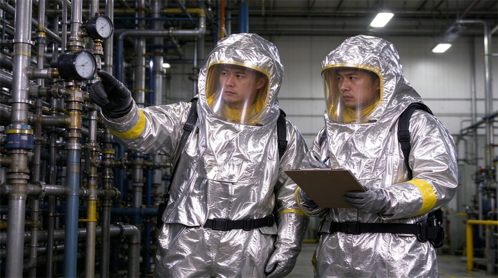 Close up detail of heavy duty protective thermal chemical composite suit, Two workers in yellow fire chemical protective suits inspecting chemical pipes in, demonstrating professional application use in industrial safety environment, designed for wholesale bulk supply and industrial safety procurement.