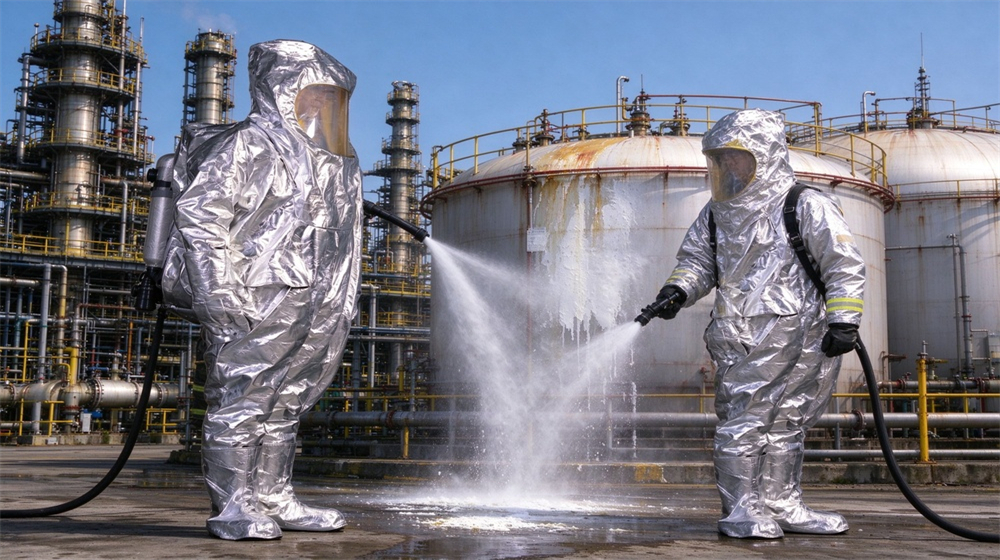 Side angle of heavy duty protective thermal chemical composite suit, New vs after service chemical suit comparison, fire chemical protective clothing service, demonstrating professional application use in industrial safety environment, designed for wholesale bulk supply and industrial safety procurement. Side angle of heavy duty protective thermal chemical composite suit, New vs after service chemical suit comparison, fire chemical protective clothing service, demonstrating professional application use in industrial safety environment, designed for wholesale bulk supply and industrial safety procurement.