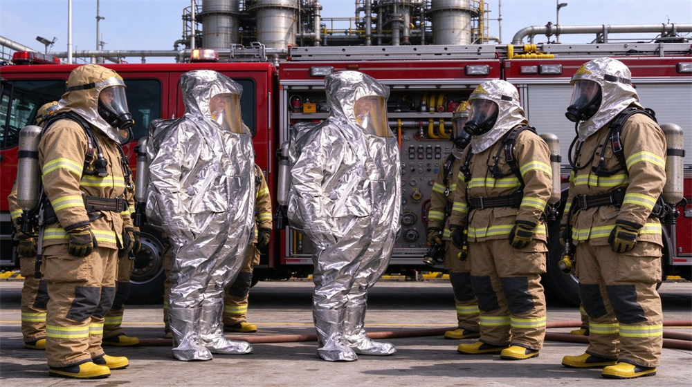 Overhead view of heavy duty protective thermal chemical composite suit, Chemical protective clothing used at chemical plant tank farm, bulk chemical ppe, demonstrating professional application use in industrial safety environment, designed for wholesale bulk supply and industrial safety procurement.