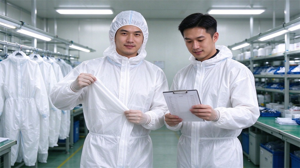 Front view of heavy duty protective disposable type 5 6 chemical coverall, Two Asian workers presenting disposable Type 5/6 chemical protective coveralls in a, demonstrating professional application use in industrial safety environment, designed for wholesale bulk supply and industrial safety