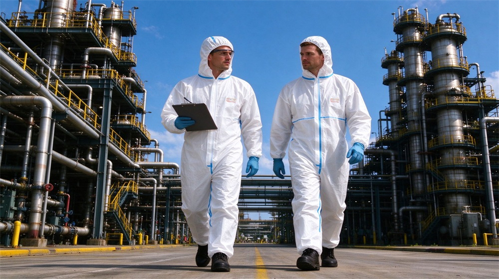 Side angle of heavy duty protective disposable type 5 6 chemical coverall, Chemical plant worker wearing lightweight disposable chemical coverall during daily inspection, breathable, demonstrating professional application use in industrial safety environment, designed for wholesale bulk supply and industrial safety