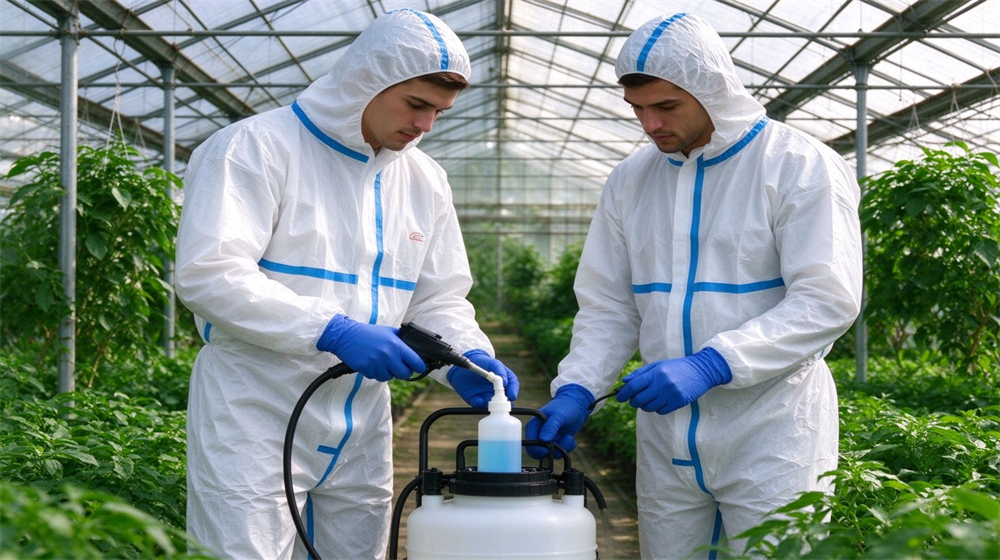 Close up detail of heavy duty protective disposable type 5 6 chemical coverall, Agricultural worker in disposable chemical coverall mixing pesticides in greenhouse, lightweight breathable, demonstrating professional application use in industrial safety environment, designed for wholesale bulk supply and industrial Close up detail of heavy duty protective disposable type 5 6 chemical coverall, Agricultural worker in disposable chemical coverall mixing pesticides in greenhouse, lightweight breathable, demonstrating professional application use in industrial safety environment, designed for wholesale bulk supply and industrial
