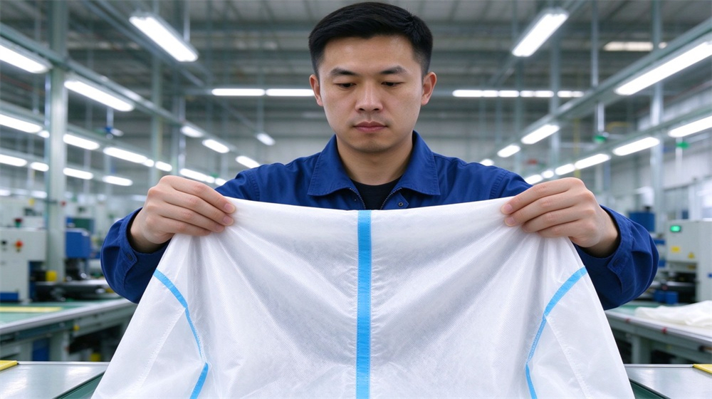 Wide shot of heavy duty protective disposable type 5 6 chemical coverall, Lightweight disposable chemical coverall versus heavy gas tight suit comparison, Type 5/6, demonstrating professional comparison use in industrial safety environment, designed for wholesale bulk supply and industrial safety Wide shot of heavy duty protective disposable type 5 6 chemical coverall, Lightweight disposable chemical coverall versus heavy gas tight suit comparison, Type 5/6, demonstrating professional comparison use in industrial safety environment, designed for wholesale bulk supply and industrial safety