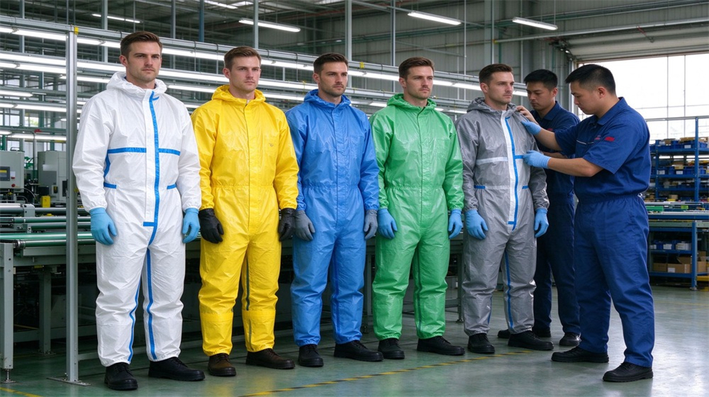 Overhead view of heavy duty protective disposable type 5 6 chemical coverall, Decontamination washing of disposable chemical coveralls with high pressure water spray, safety, demonstrating professional application use in industrial safety environment, designed for wholesale bulk supply and industrial safety Overhead view of heavy duty protective disposable type 5 6 chemical coverall, Decontamination washing of disposable chemical coveralls with high pressure water spray, safety, demonstrating professional application use in industrial safety environment, designed for wholesale bulk supply and industrial safety