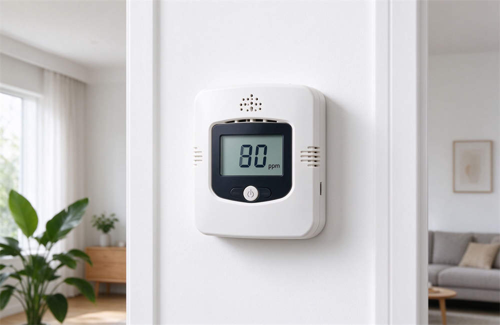 Digital carbon monoxide alarm detector mounted on wall showing ppm reading, CO detector for home safety and carbon monoxide poisoning prevention in emergency preparedness kits