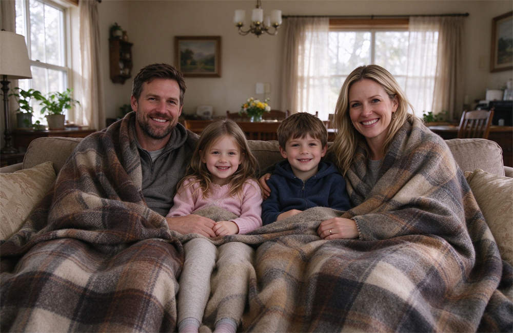 Family of four sitting on couch covered with thick wool blankets, safe warmth alternatives for carbon monoxide prevention without combustion heating, cold weather emergency blankets for disaster preparedness