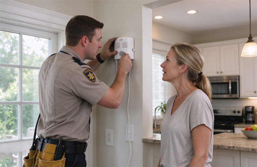 Relief worker installing CO alarm on kitchen wall for homeowner, carbon monoxide detector installation and home safety inspection service for emergency preparedness programs