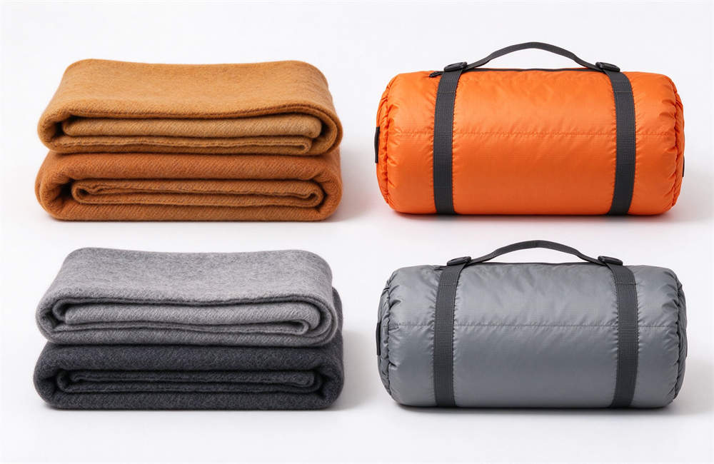 Thick wool blankets and emergency sleeping bags in orange and gray, safe warmth alternatives without combustion heating, cold weather disaster relief supplies for CO prevention