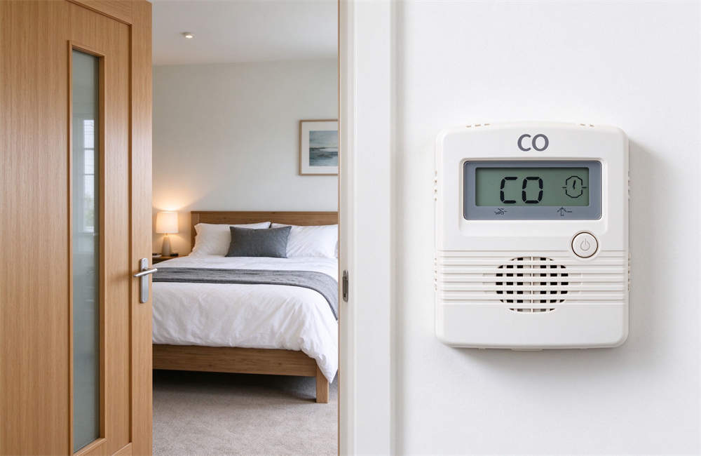 CO alarm detector mounted on wall next to bedroom door, digital display, carbon monoxide detector placement guide and home safety equipment for bedroom areas