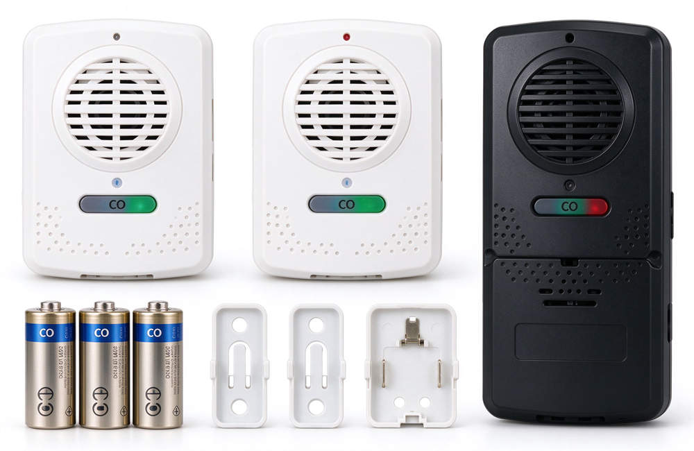 Multiple CO alarm detectors in white and black models with batteries and mounting brackets, variety pack carbon monoxide detectors for bulk home safety distribution