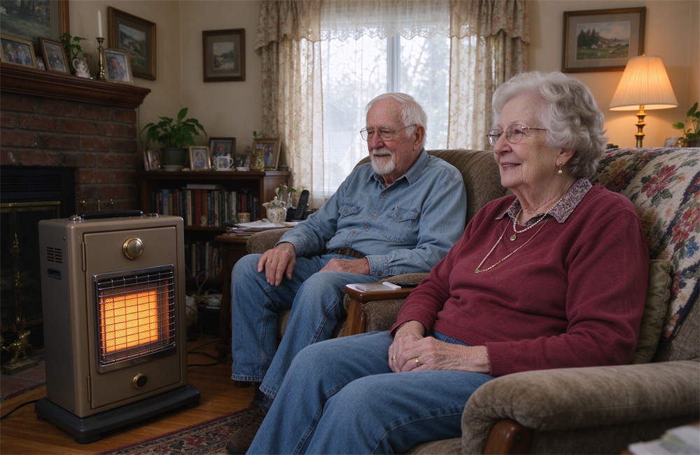Elderly Western couple sitting at home near safe electric heater, high risk population for carbon monoxide exposure and senior home safety during winter power outages