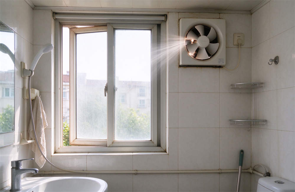 Bathroom window open for ventilation with exhaust fan running, fresh air circulation and carbon monoxide ventilation tips for safe indoor air quality