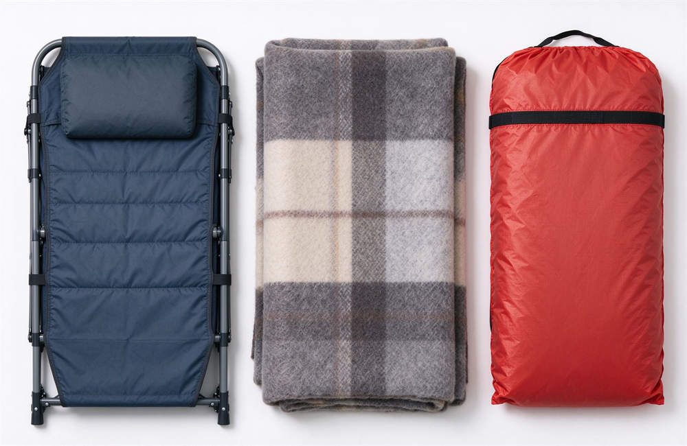 Folding cot, wool blanket, emergency sleeping bag arranged flat lay, emergency shelter bedding supplies for carbon monoxide safety programs and cold weather disaster relief housing