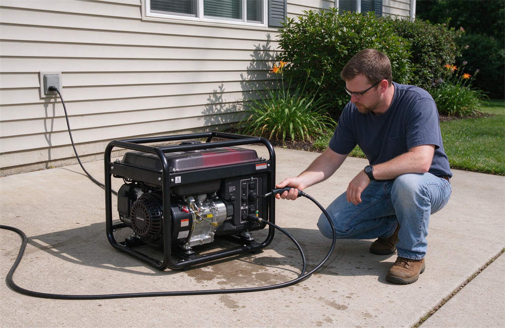 Portable generator running outside on driveway far from house, safe generator placement and carbon monoxide prevention for outdoor power equipment use