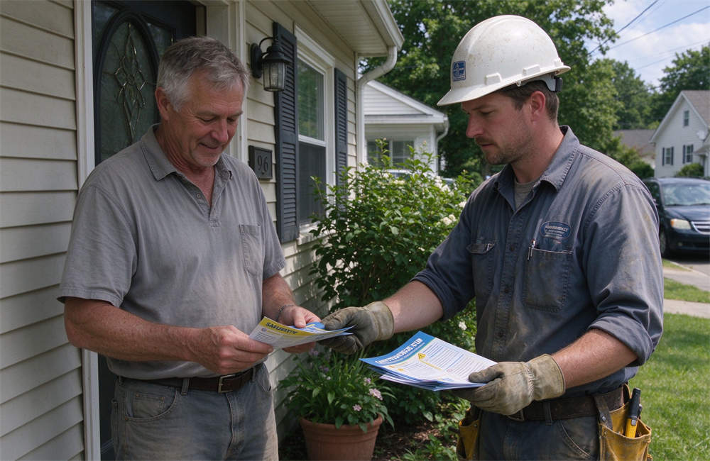 Relief worker going door to door handing out safety leaflets, carbon monoxide awareness education and home safety outreach for emergency preparedness programs